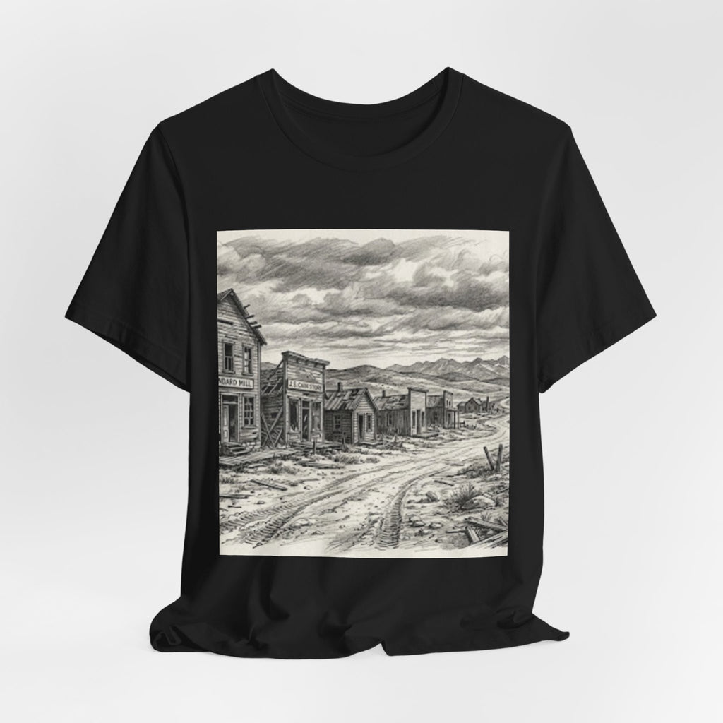 Western Ghost Town Sketch T‑Shirt — Vintage Old West Illustration Tee