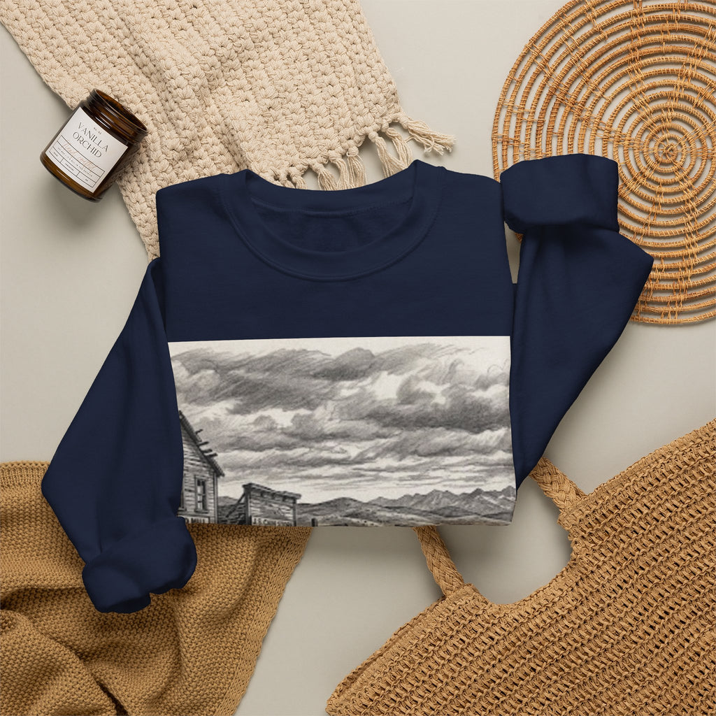 Crewneck Sweatshirt with Vintage Ghost Town Illustration — Western Desert Landscape Pullover