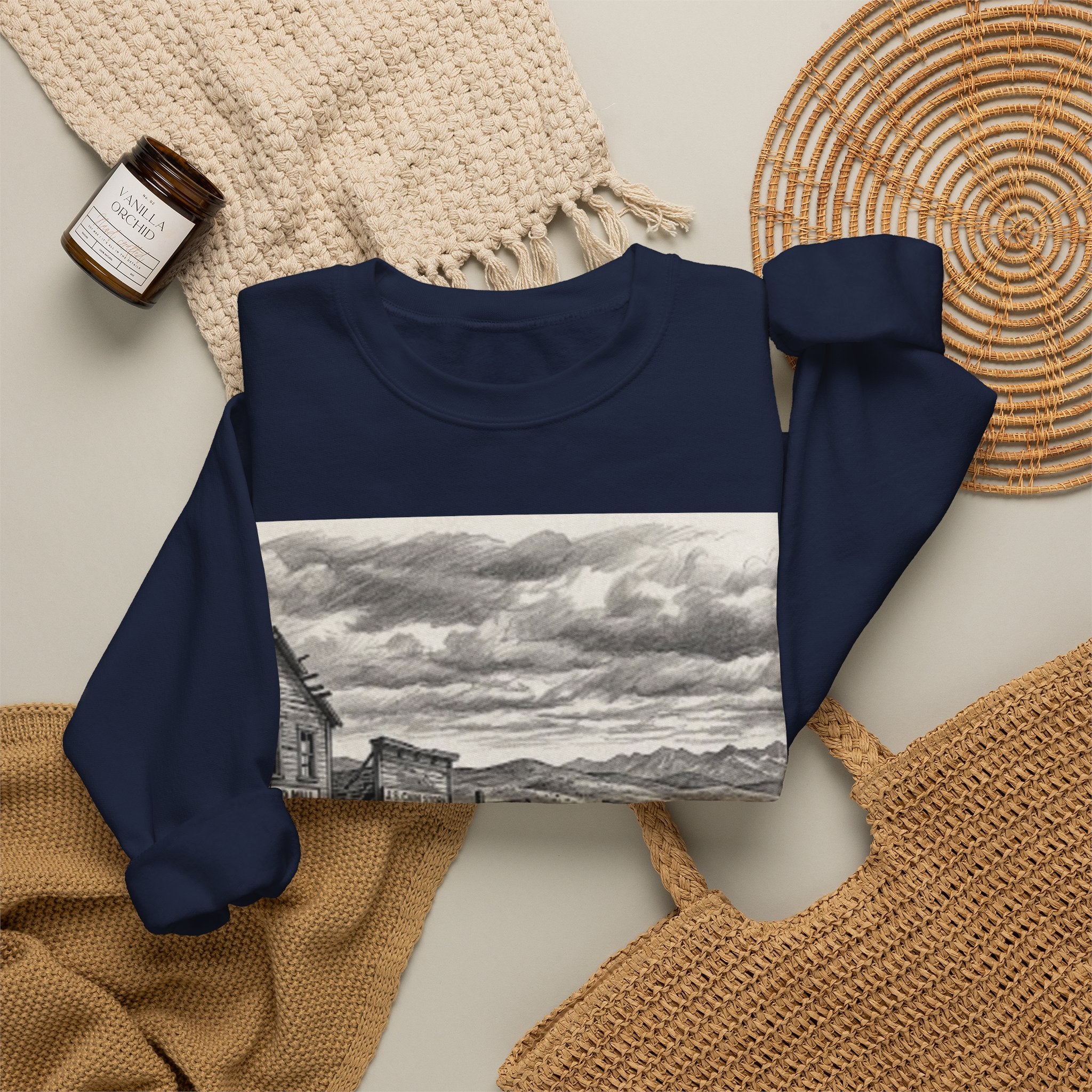 Crewneck Sweatshirt with Vintage Ghost Town Illustration — Western Desert Landscape Pullover