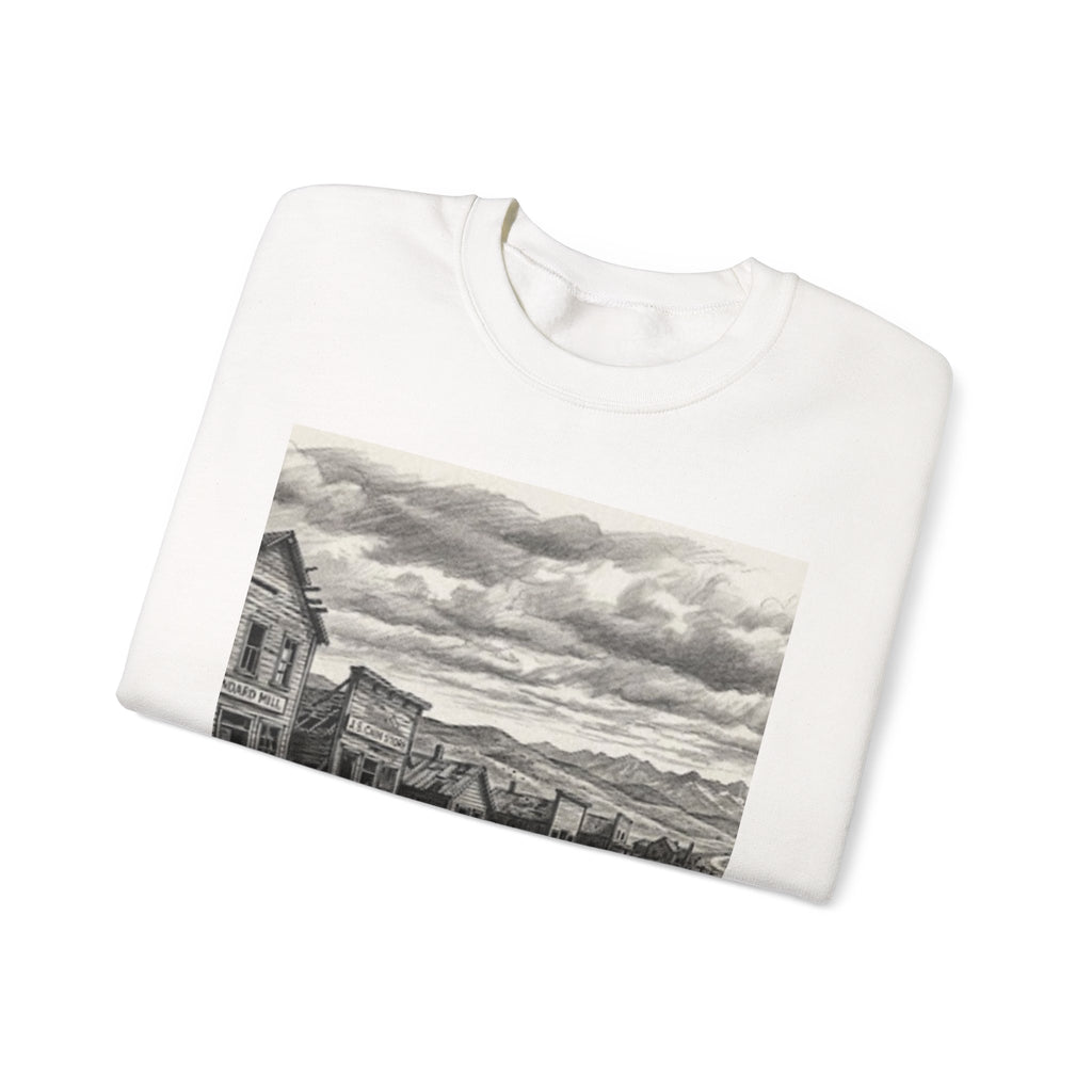 Crewneck Sweatshirt with Vintage Ghost Town Illustration — Western Desert Landscape Pullover