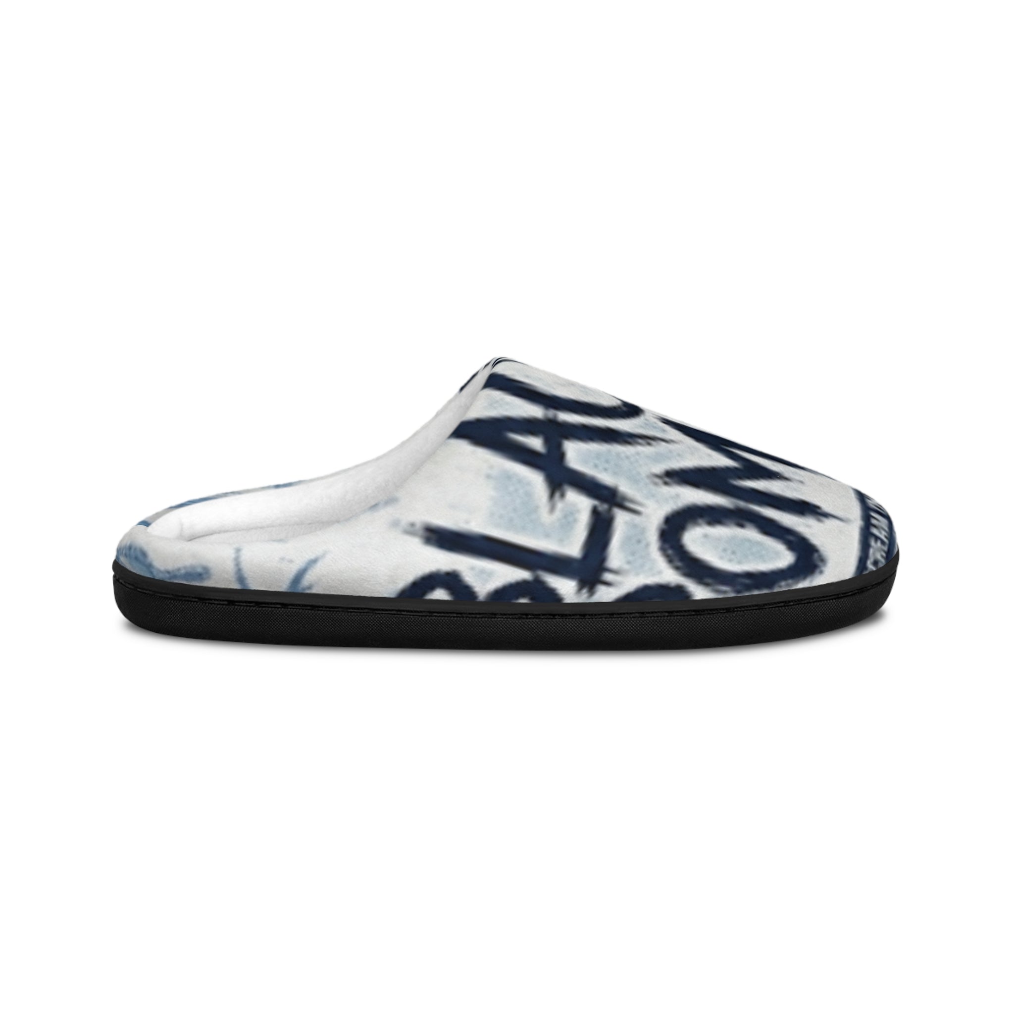 Mens Indoor Slippers - Bold Script 'LACKOFAMAN' Blue Graphic Cozy House Slippers