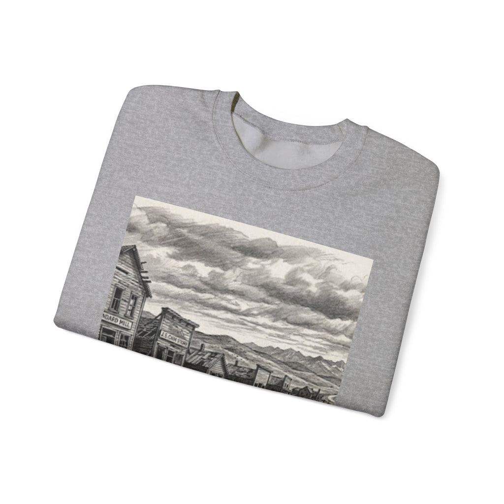 Crewneck Sweatshirt with Vintage Ghost Town Illustration — Western Desert Landscape Pullover