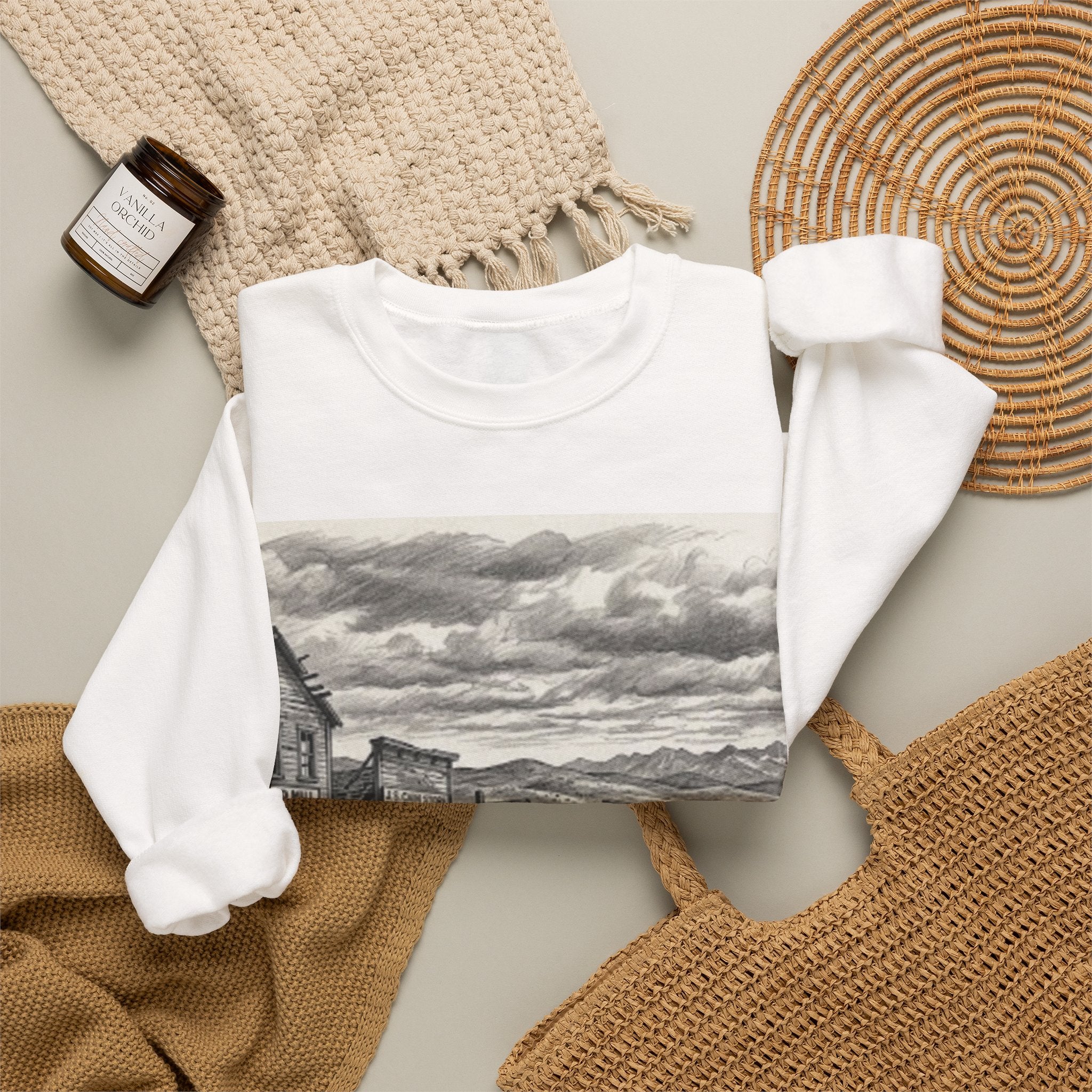 Crewneck Sweatshirt with Vintage Ghost Town Illustration — Western Desert Landscape Pullover