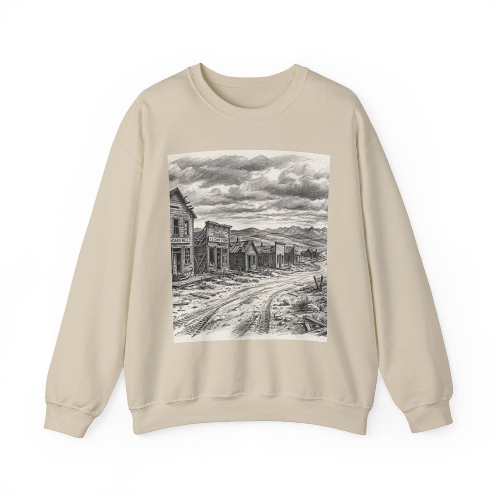 Crewneck Sweatshirt with Vintage Ghost Town Illustration — Western Desert Landscape Pullover