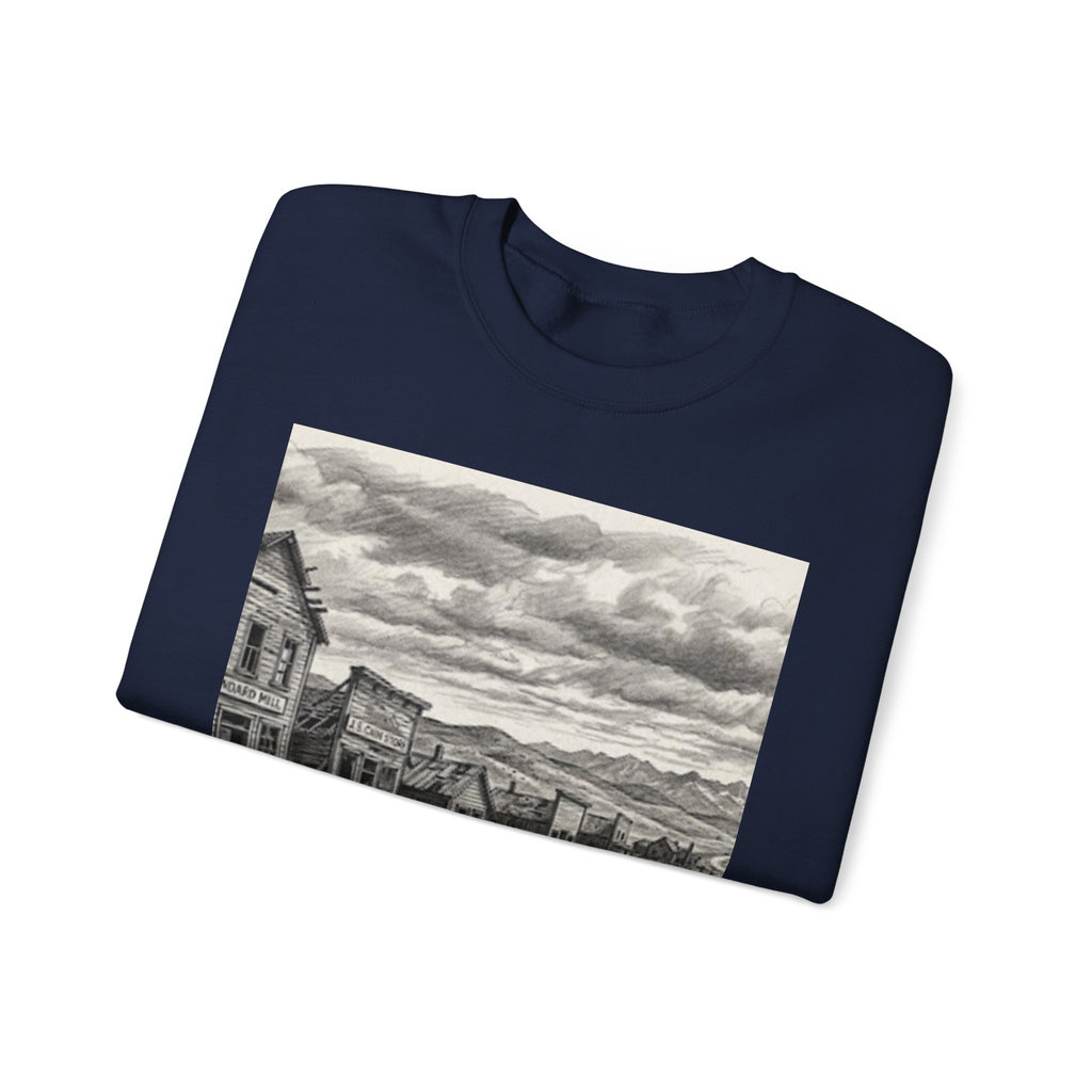 Crewneck Sweatshirt with Vintage Ghost Town Illustration — Western Desert Landscape Pullover