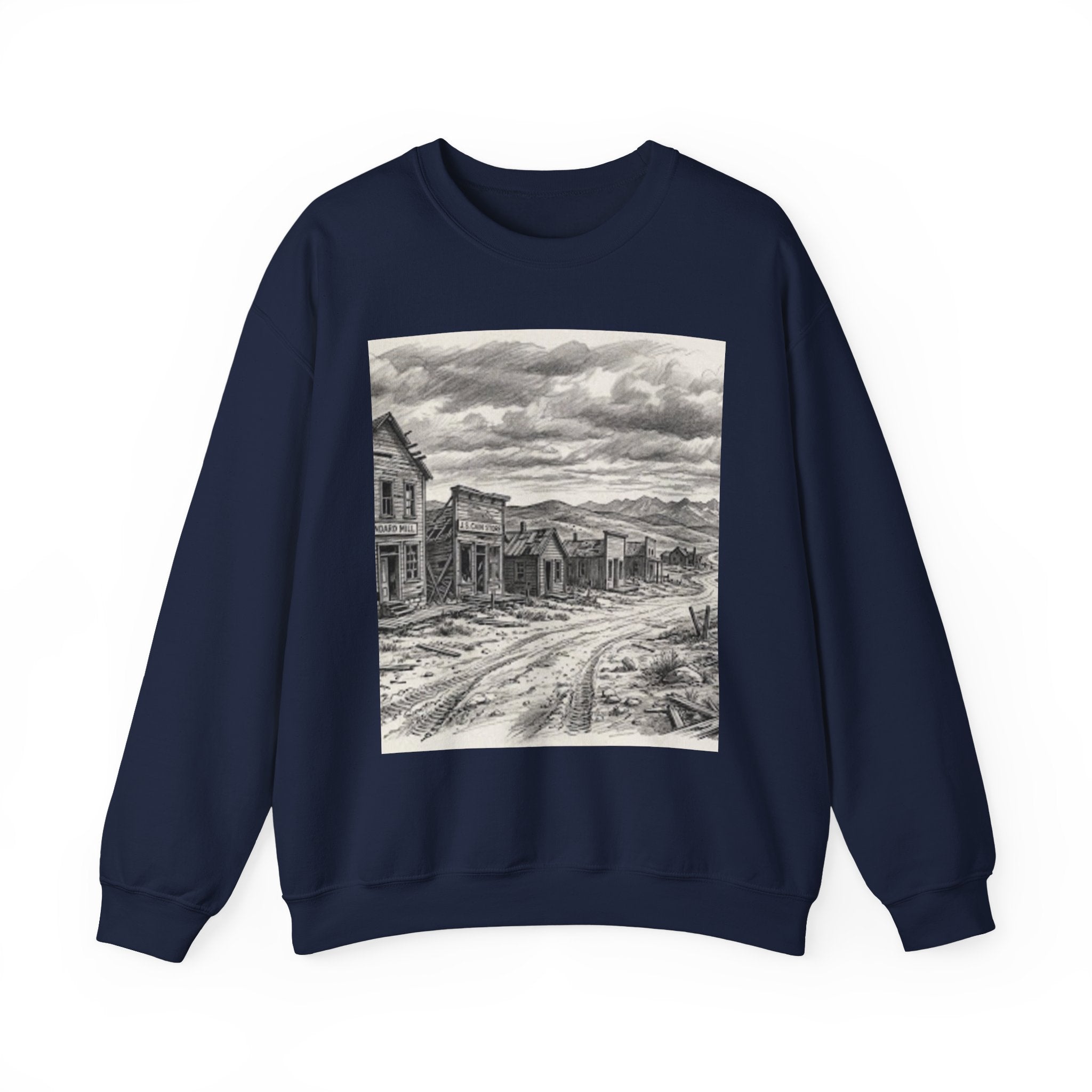 Crewneck Sweatshirt with Vintage Ghost Town Illustration — Western Desert Landscape Pullover