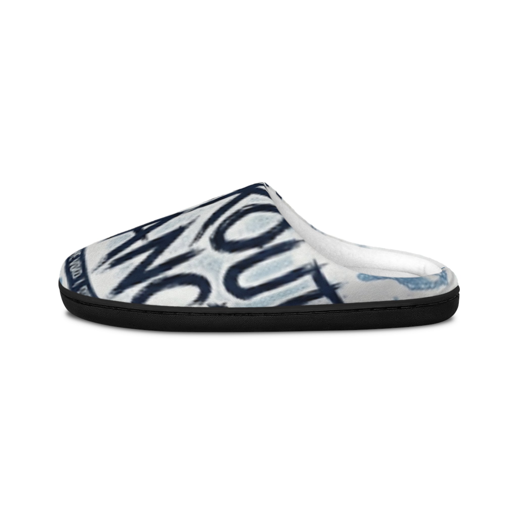 Mens Indoor Slippers - Bold Script 'LACKOFAMAN' Blue Graphic Cozy House Slippers