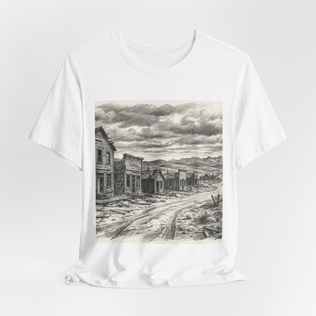 Western Ghost Town Sketch T‑Shirt — Vintage Old West Illustration Tee
