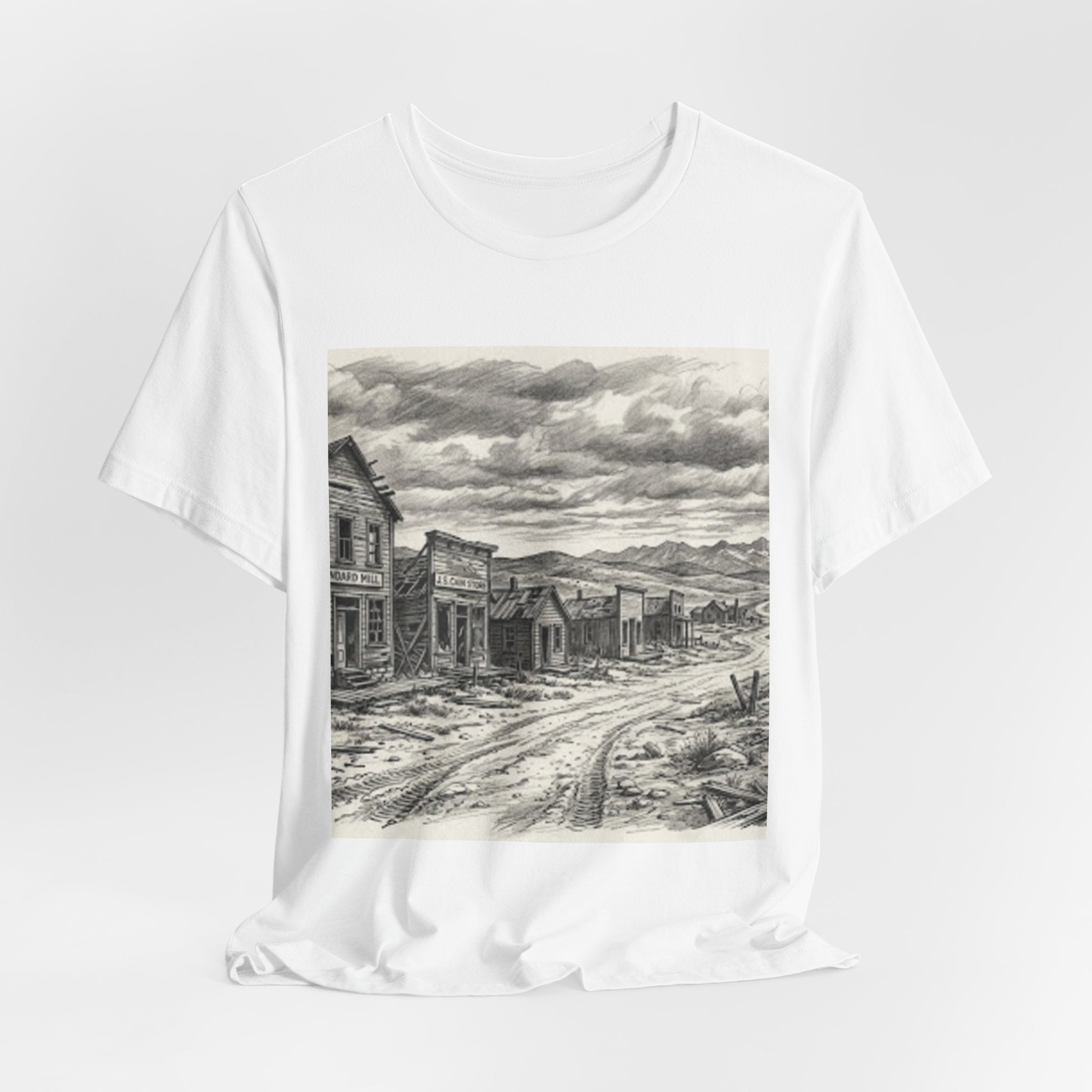 Western Ghost Town Sketch T‑Shirt — Vintage Old West Illustration Tee