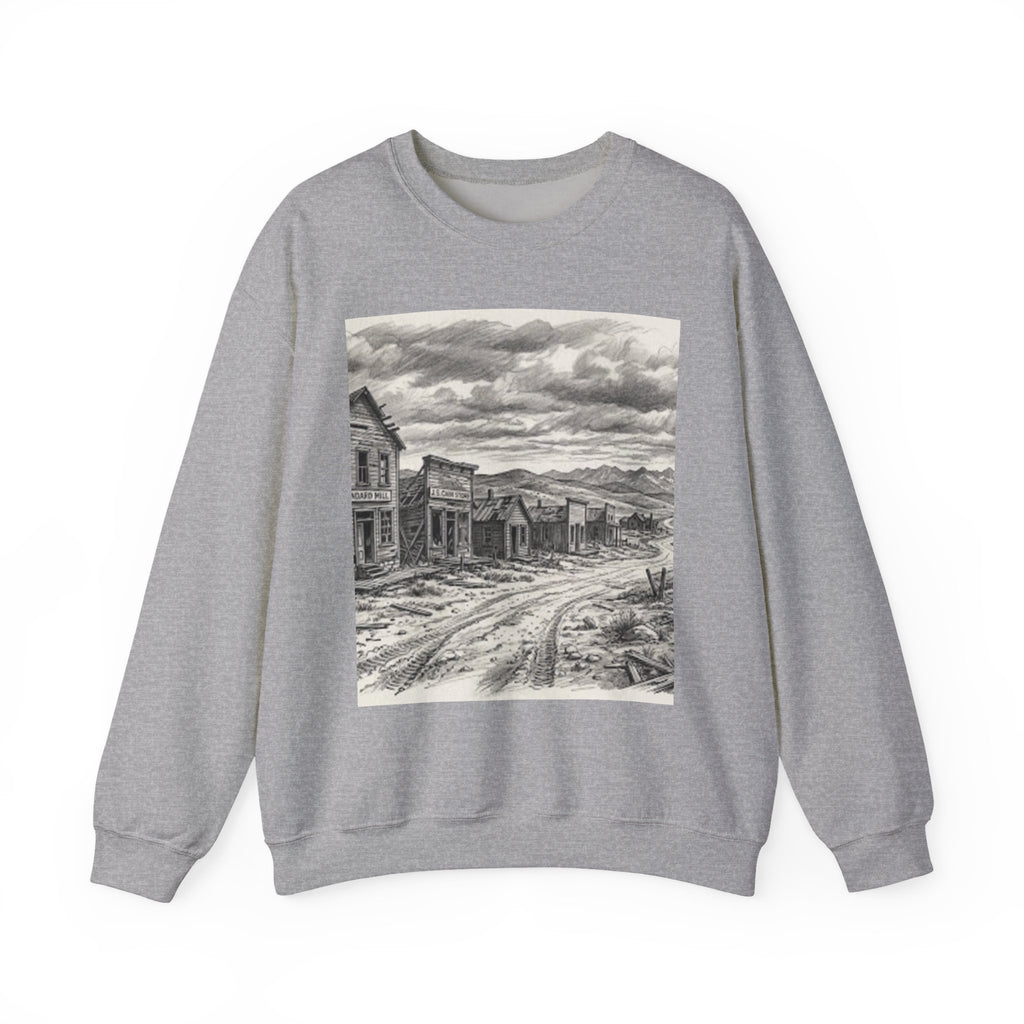 Crewneck Sweatshirt with Vintage Ghost Town Illustration — Western Desert Landscape Pullover