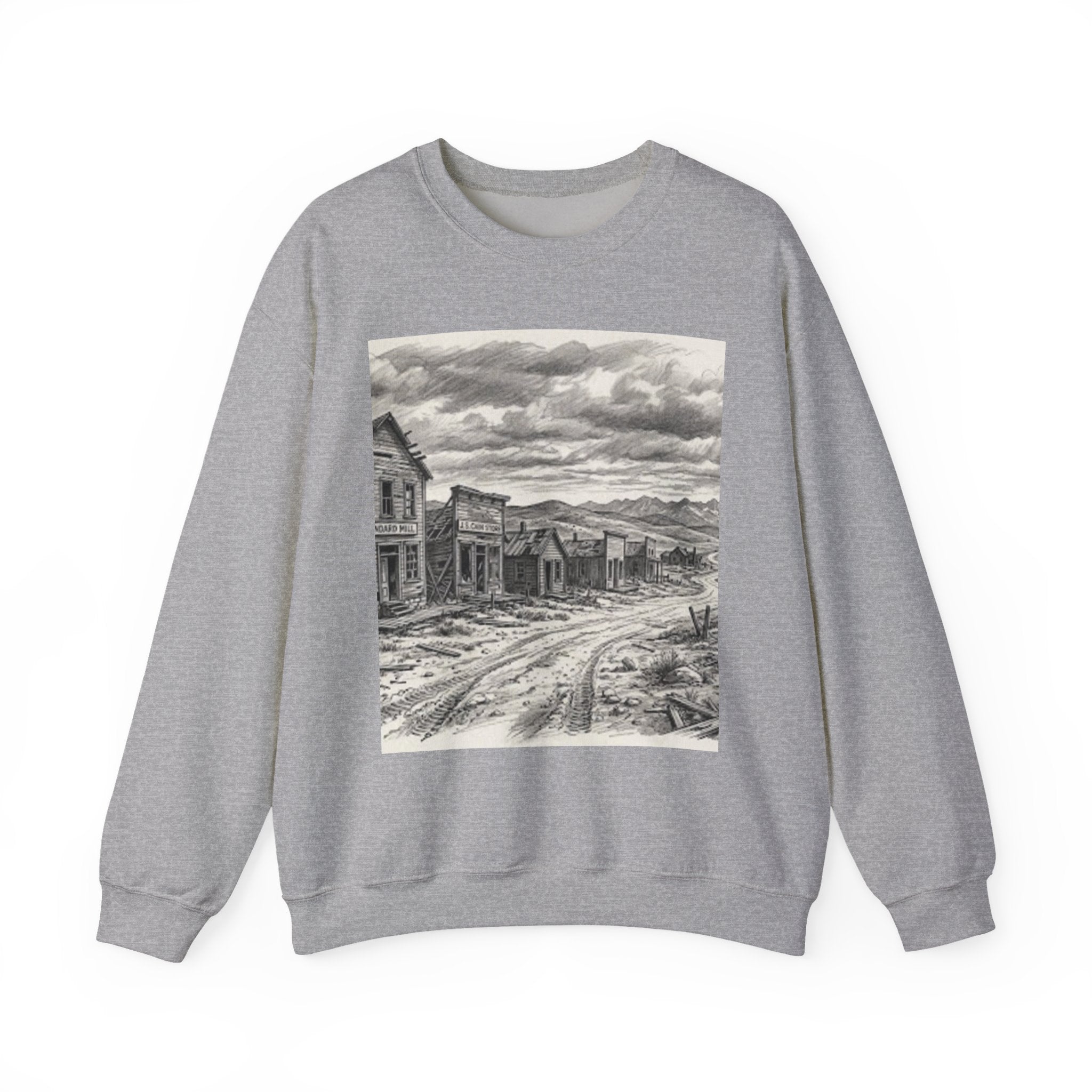 Crewneck Sweatshirt with Vintage Ghost Town Illustration — Western Desert Landscape Pullover
