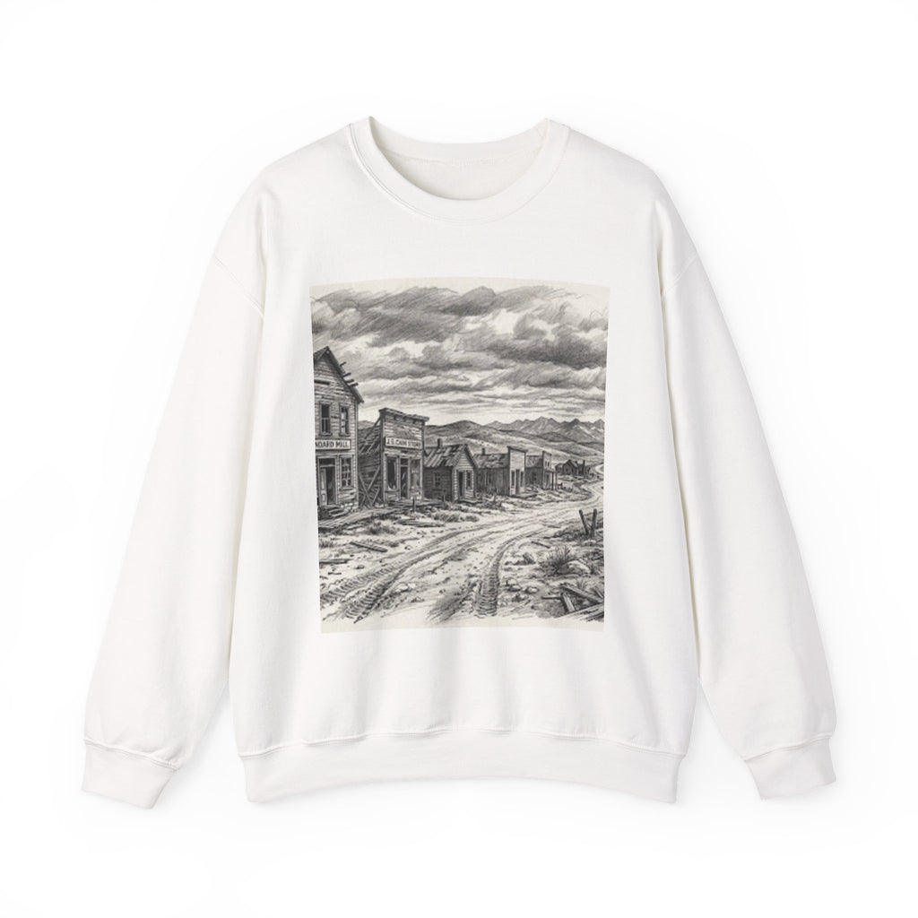 Crewneck Sweatshirt with Vintage Ghost Town Illustration — Western Desert Landscape Pullover