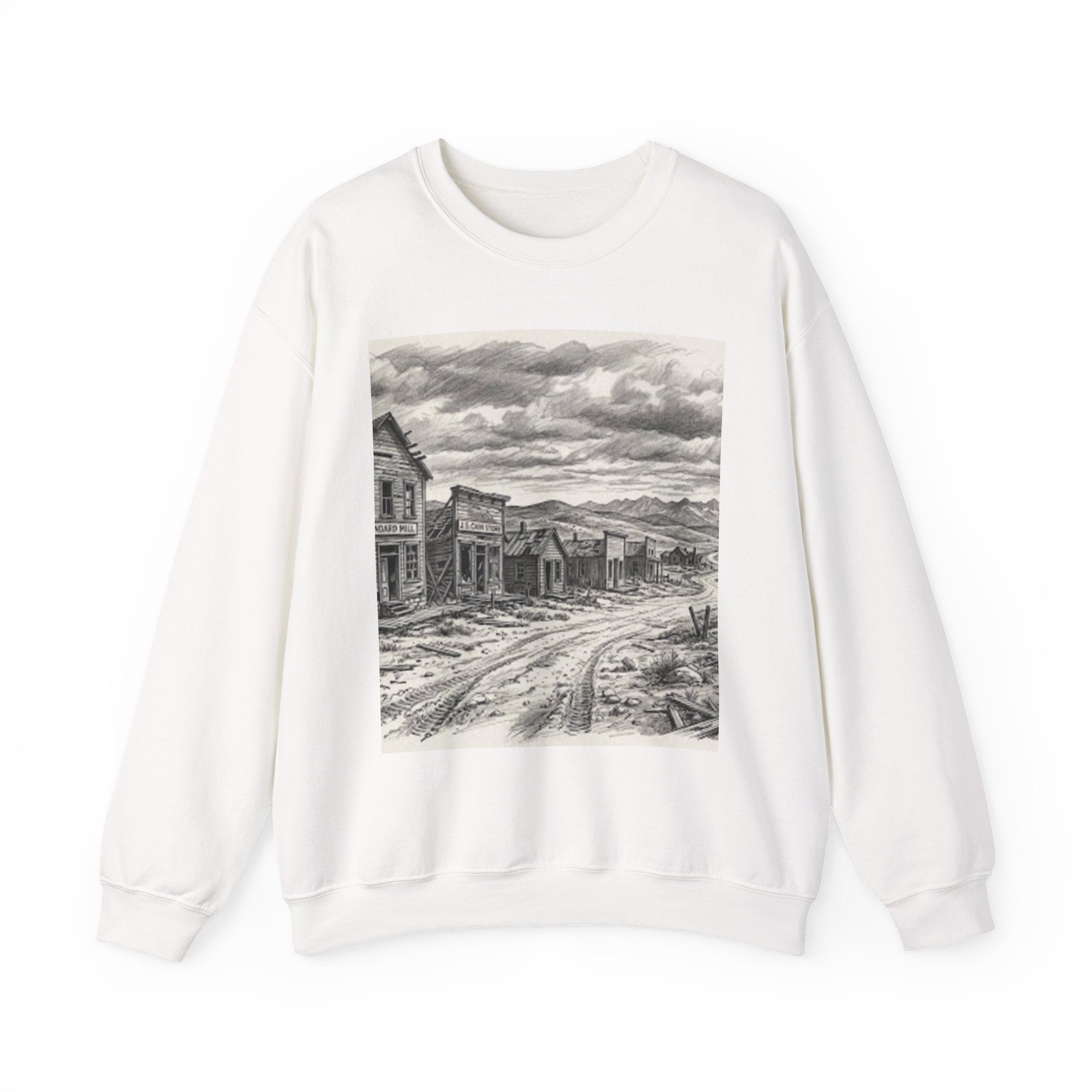 Crewneck Sweatshirt with Vintage Ghost Town Illustration — Western Desert Landscape Pullover