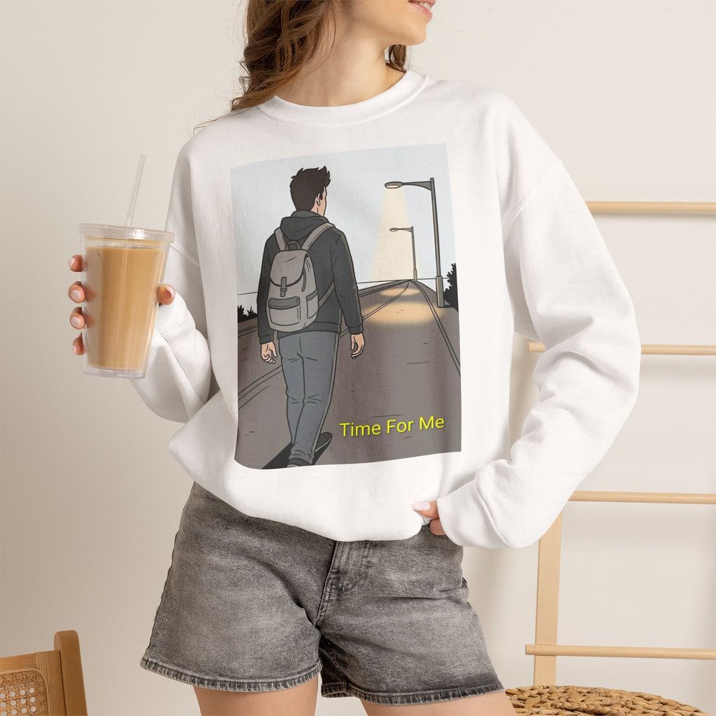 Time For Me Crewneck Sweatshirt — Reflective Teen Backpacker Graphic