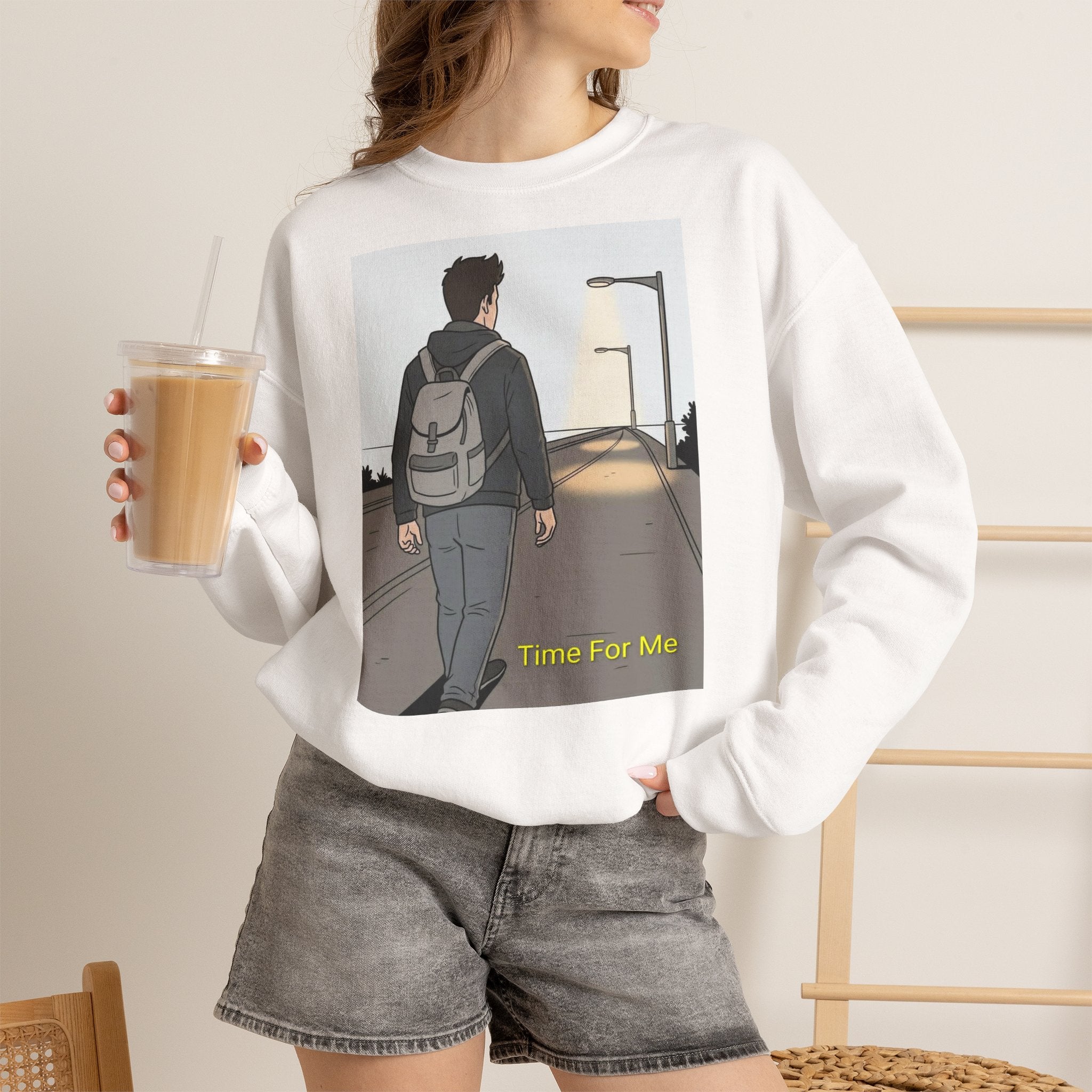 Time For Me Crewneck Sweatshirt — Reflective Teen Backpacker Graphic