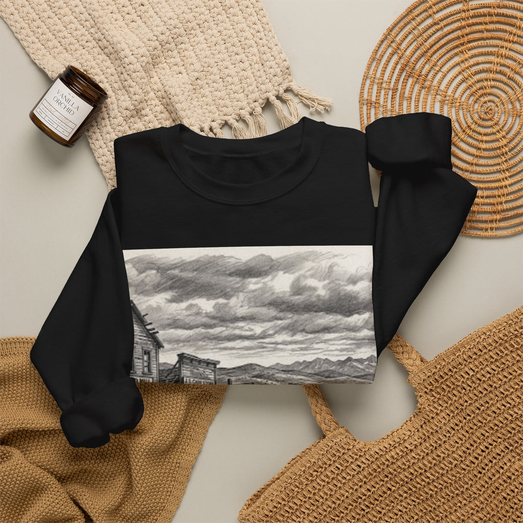 Crewneck Sweatshirt with Vintage Ghost Town Illustration — Western Desert Landscape Pullover