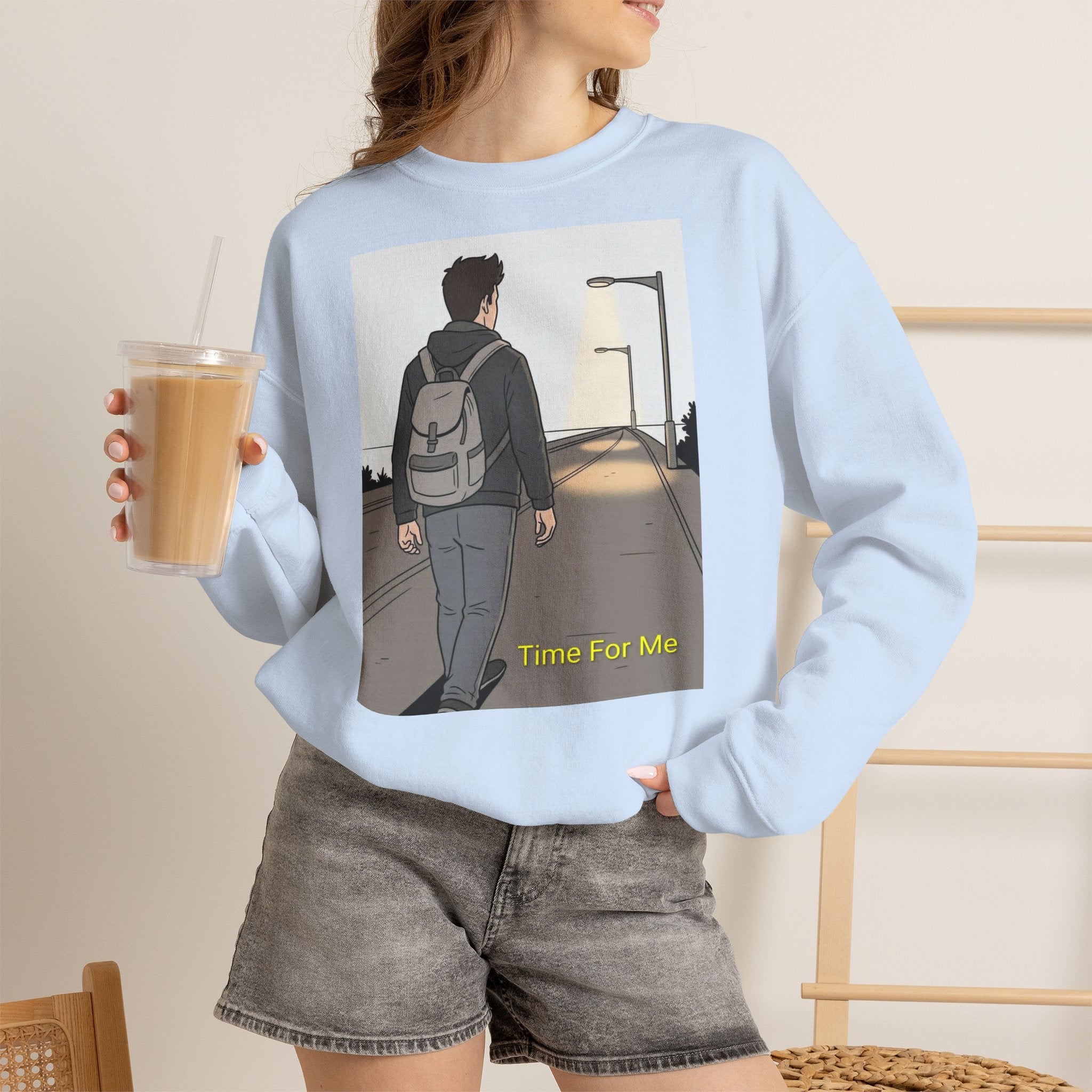 Time For Me Crewneck Sweatshirt — Reflective Teen Backpacker Graphic