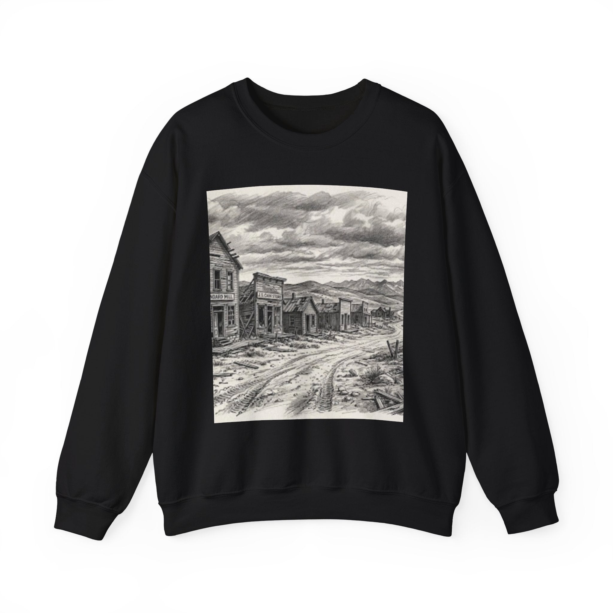Crewneck Sweatshirt with Vintage Ghost Town Illustration — Western Desert Landscape Pullover