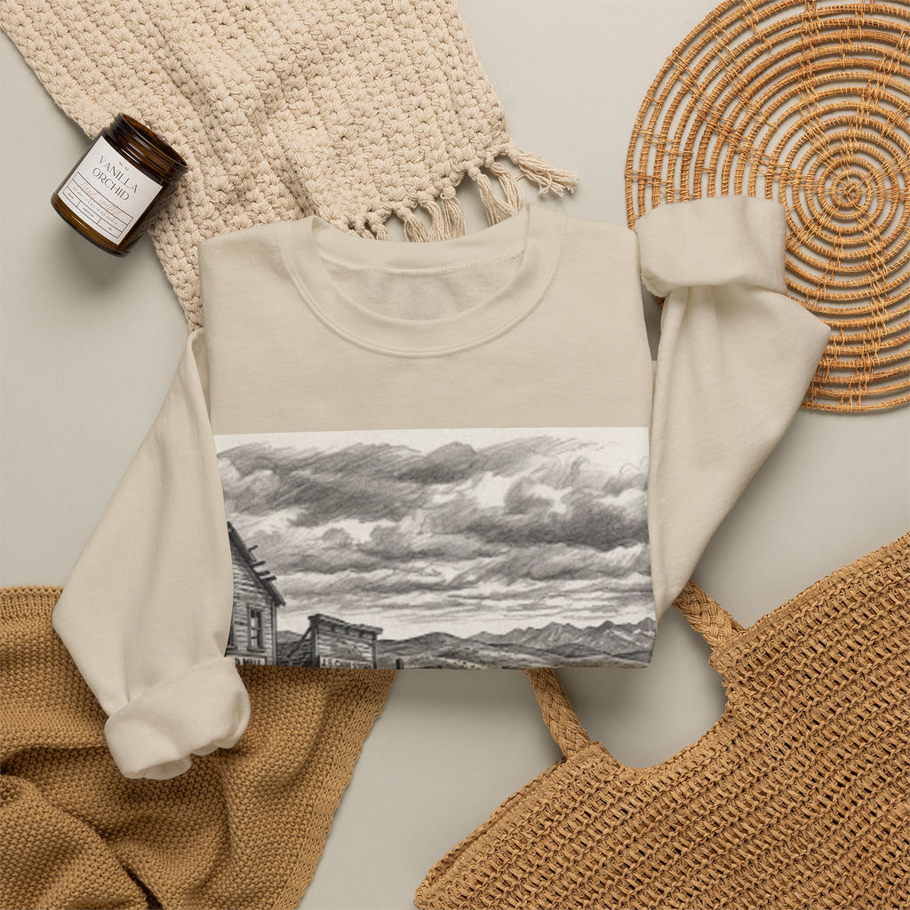 Crewneck Sweatshirt with Vintage Ghost Town Illustration — Western Desert Landscape Pullover