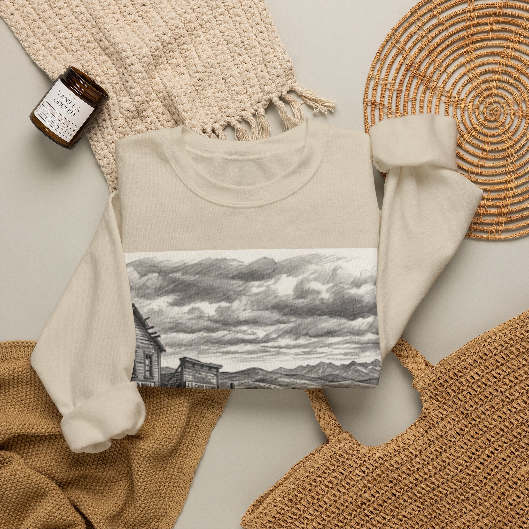 Crewneck Sweatshirt with Vintage Ghost Town Illustration — Western Desert Landscape Pullover