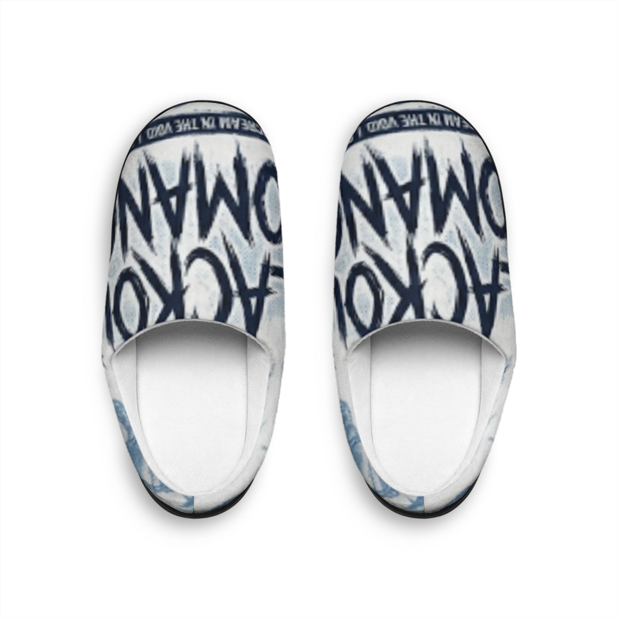 Mens Indoor Slippers - Bold Script 'LACKOFAMAN' Blue Graphic Cozy House Slippers