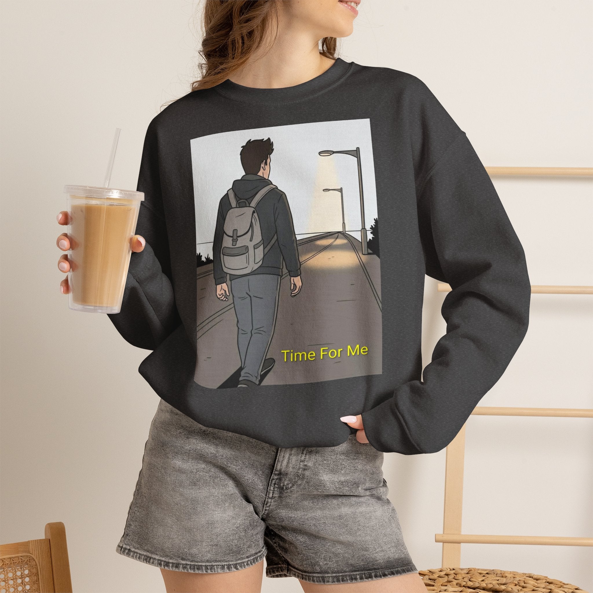 Time For Me Crewneck Sweatshirt — Reflective Teen Backpacker Graphic