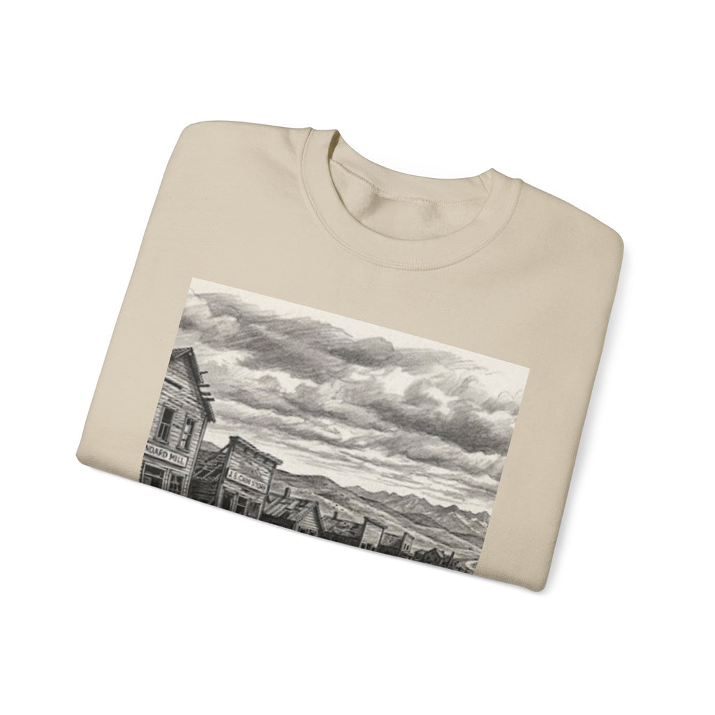 Crewneck Sweatshirt with Vintage Ghost Town Illustration — Western Desert Landscape Pullover