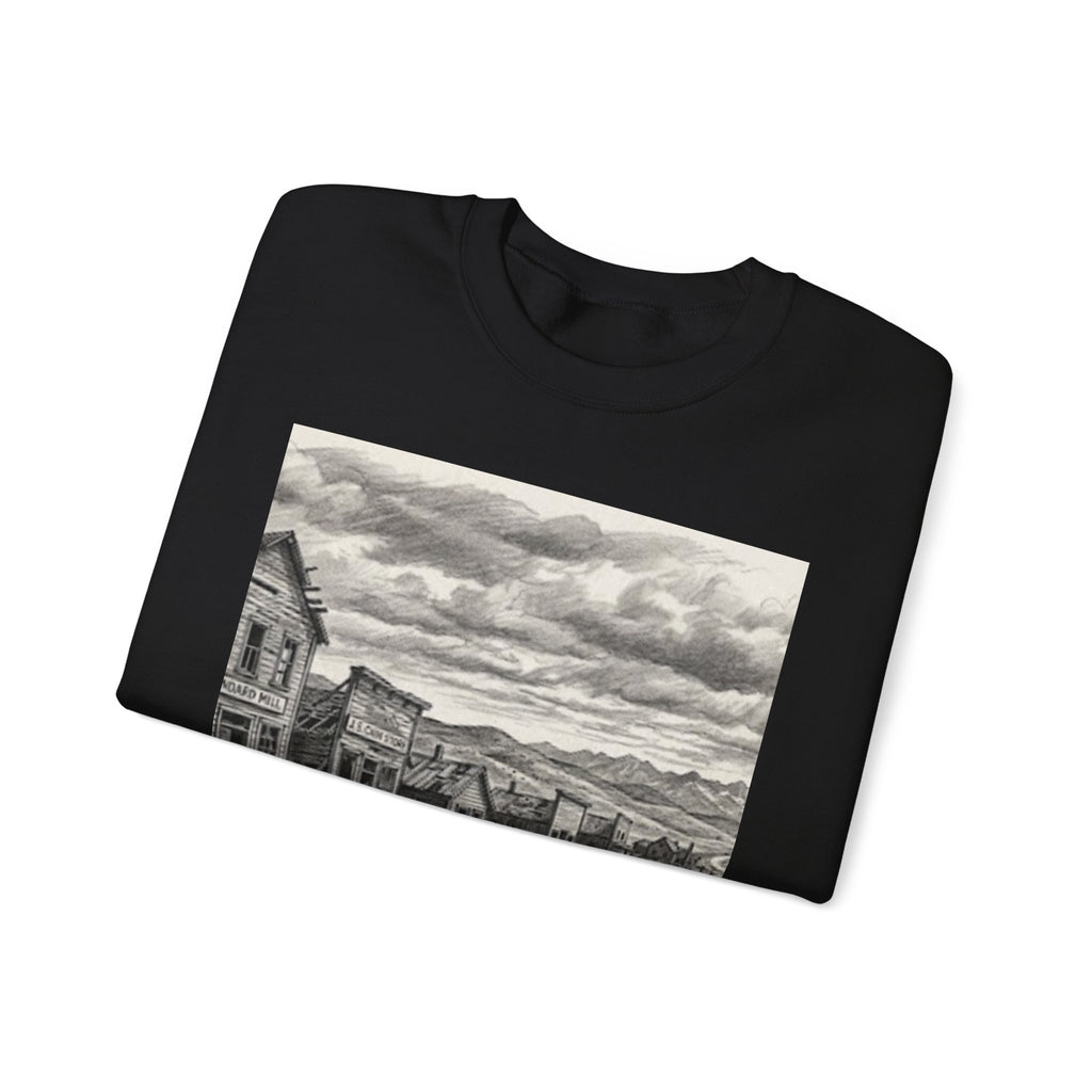 Crewneck Sweatshirt with Vintage Ghost Town Illustration — Western Desert Landscape Pullover