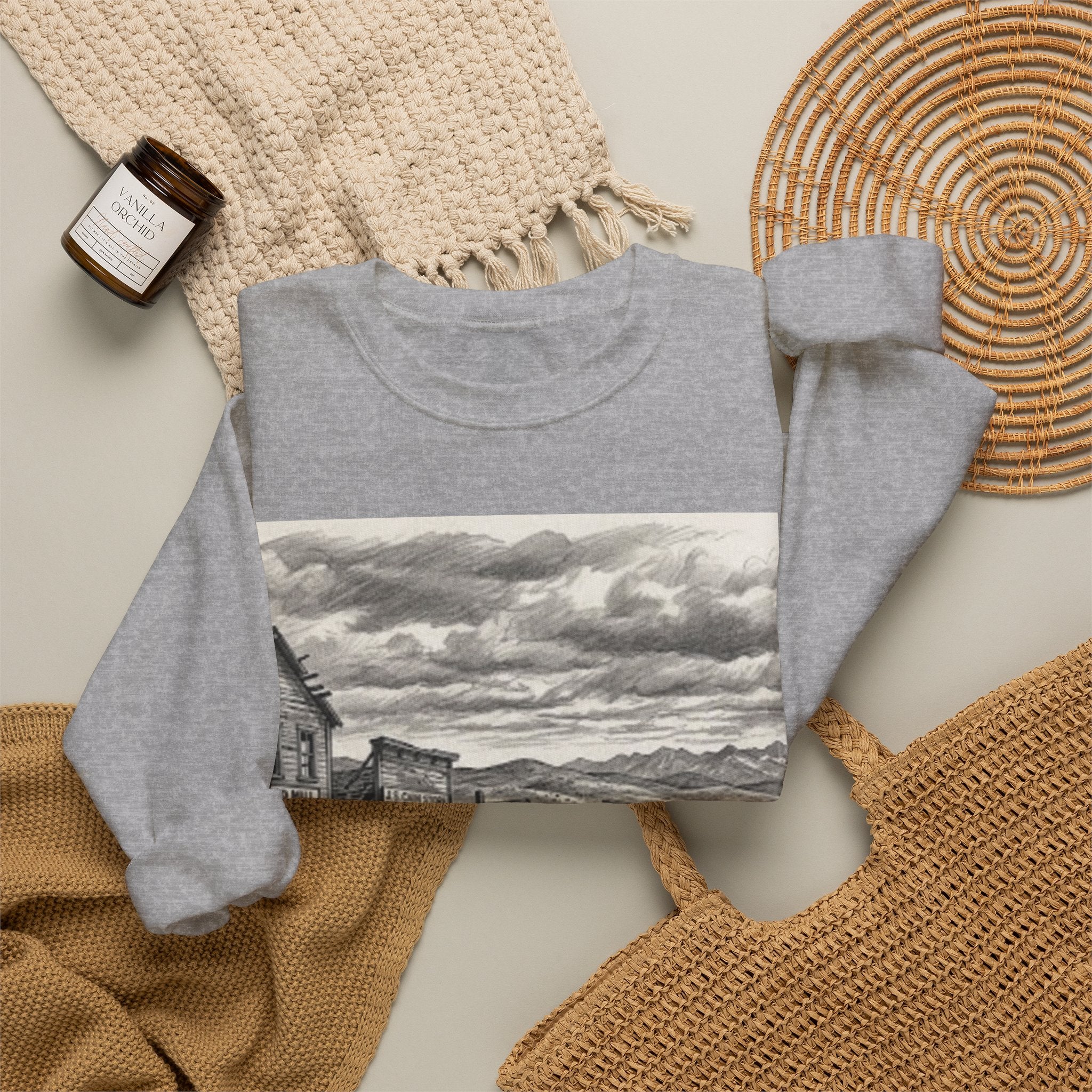 Crewneck Sweatshirt with Vintage Ghost Town Illustration — Western Desert Landscape Pullover